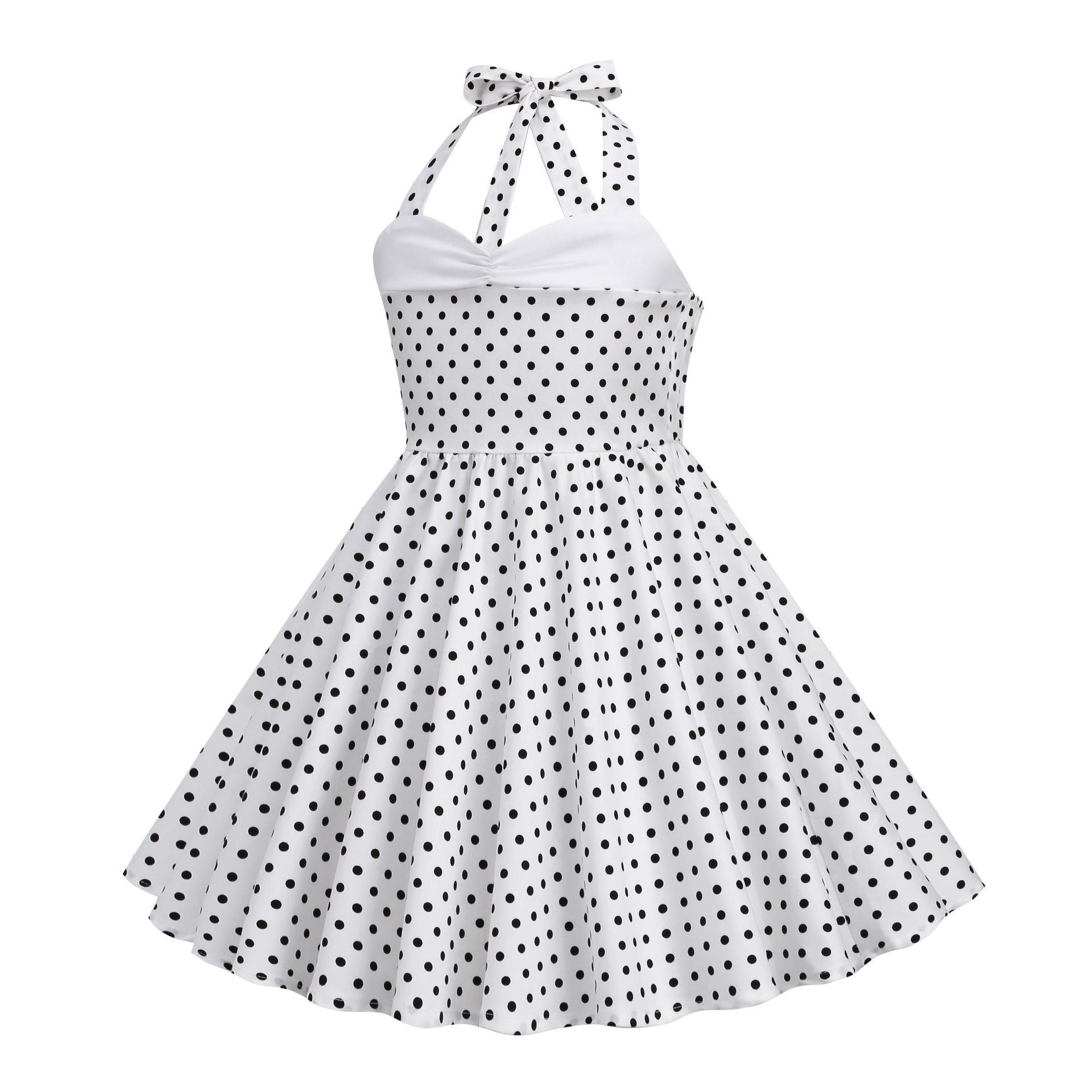 Girls Vintage Floral Print 50s Polka Dot Dress Audrey Halter Dress White