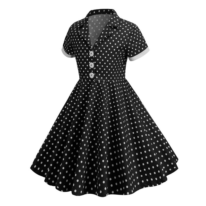 Girls Vintage Short Sleeved Polka Dots Dress Vintage Dinner Dress Black