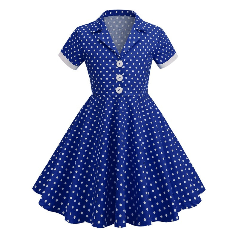 Girls Vintage Short Sleeved Polka Dots Dress Vintage Dinner Dress Blue