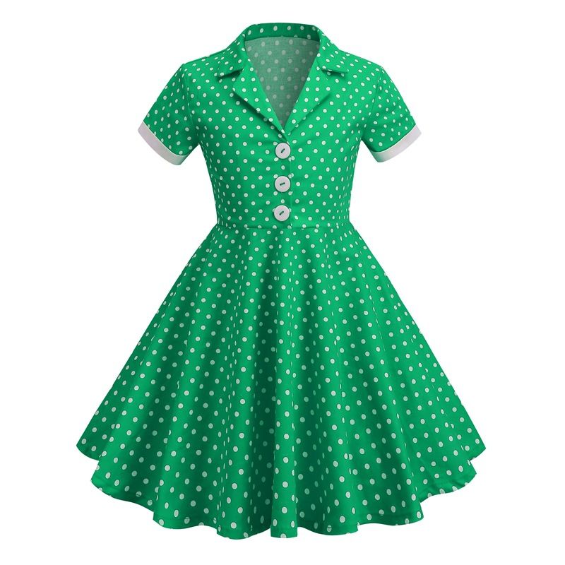 Girls Vintage Short Sleeved Polka Dots Dress Vintage Dinner Dress Green