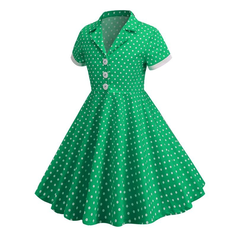 Girls Vintage Short Sleeved Polka Dots Dress Vintage Dinner Dress Green