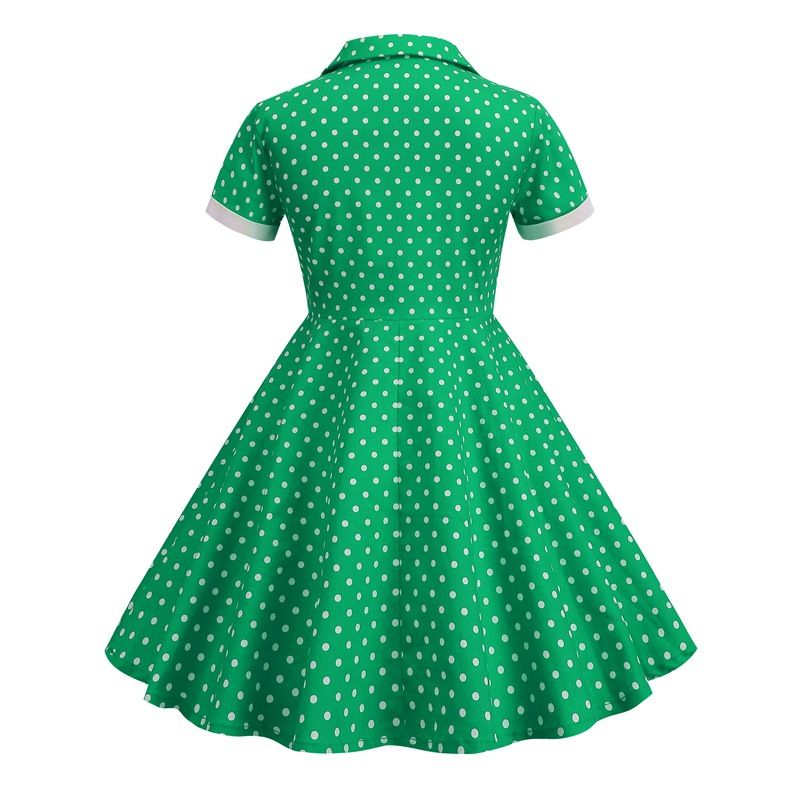 Girls Vintage Short Sleeved Polka Dots Dress Vintage Dinner Dress Green