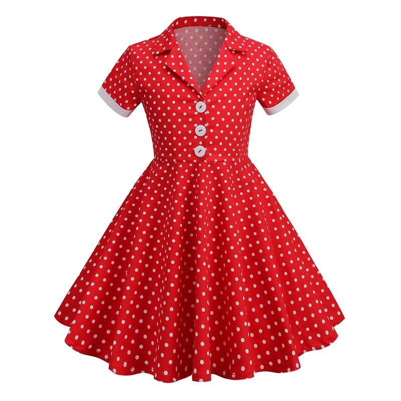 Girls Vintage Short Sleeved Polka Dots Dress Vintage Dinner Dress Red