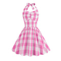 Kid Girls 50s Vintage Plaid Dress A Line Halter Neck Audrey Hepburn Dress Pink