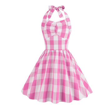 Kid Girls 50s Vintage Plaid Dress A Line Halter Neck Audrey Hepburn Dress Pink