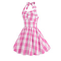 Kid Girls 50s Vintage Plaid Dress A Line Halter Neck Audrey Hepburn Dress Pink