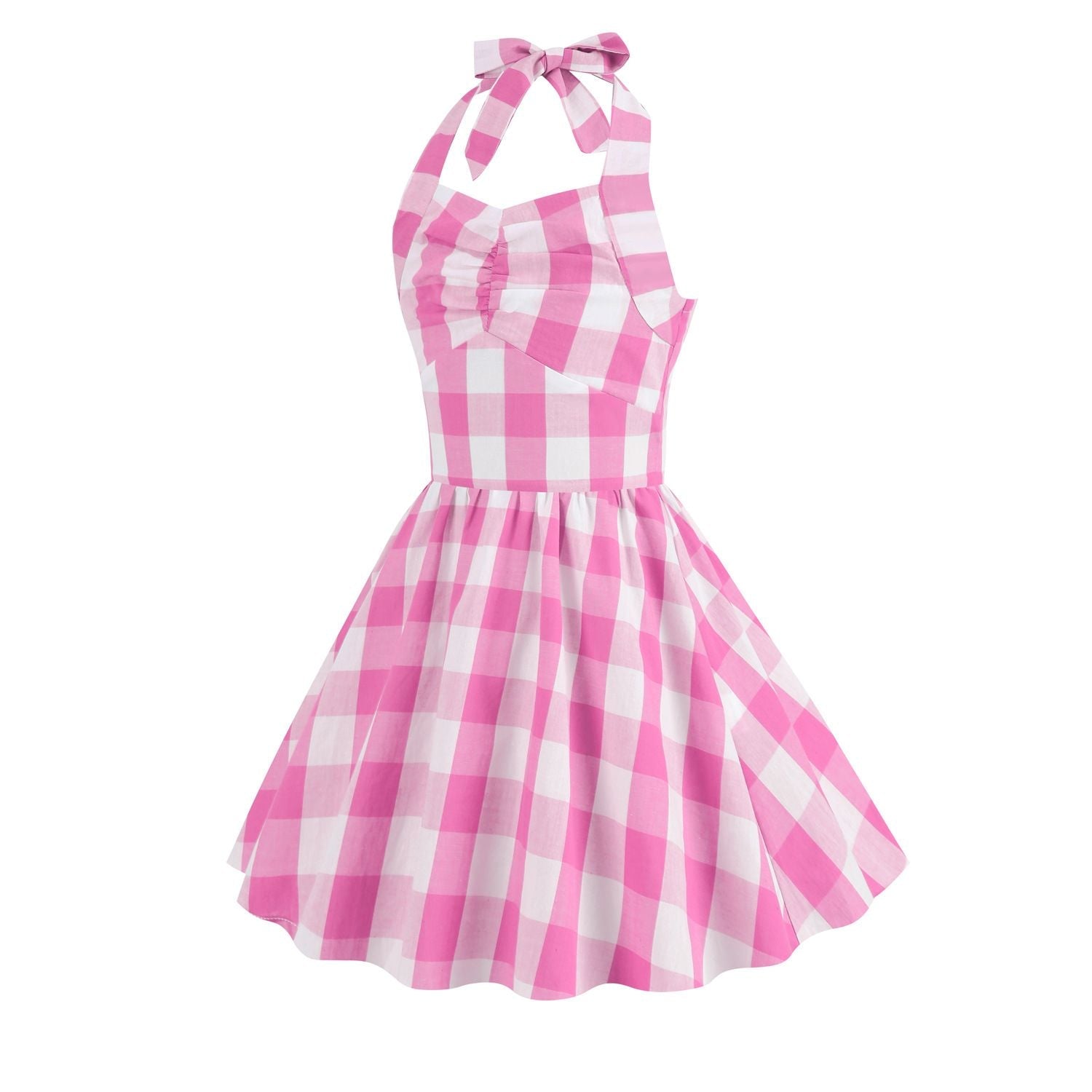 Kid Girls 50s Vintage Plaid Dress A Line Halter Neck Audrey Hepburn Dress Pink