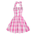 Kid Girls 50s Vintage Plaid Dress A Line Halter Neck Audrey Hepburn Dress Pink