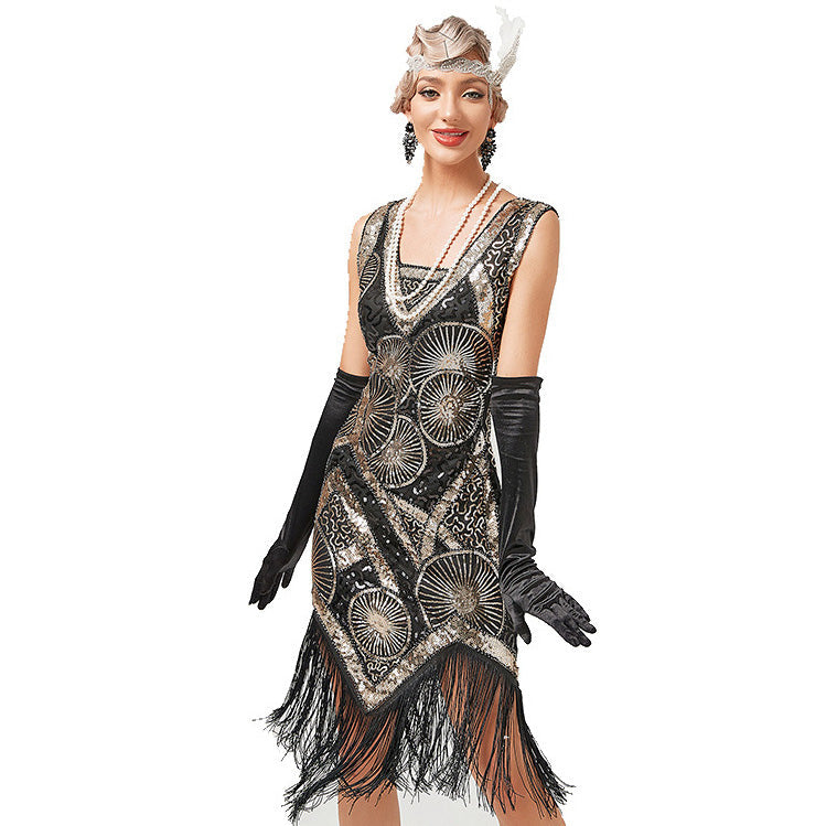 Plus Size 1920s Art Deco Fringed Sequin Dress Flapper Gatsby Costume Dress for Women Gold