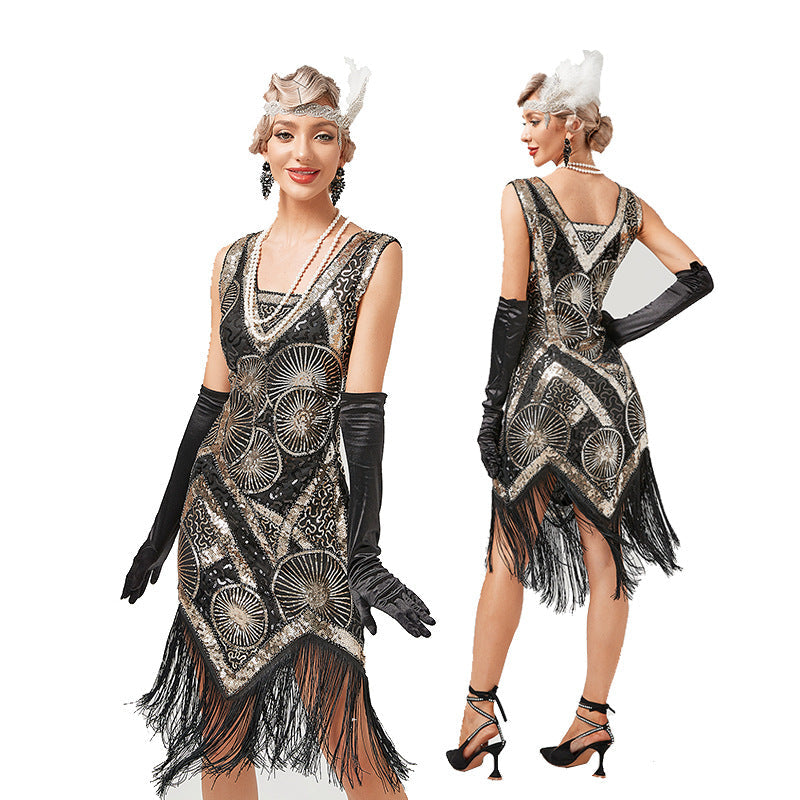Plus Size 1920s Art Deco Fringed Sequin Dress Flapper Gatsby Costume Dress for Women Gold