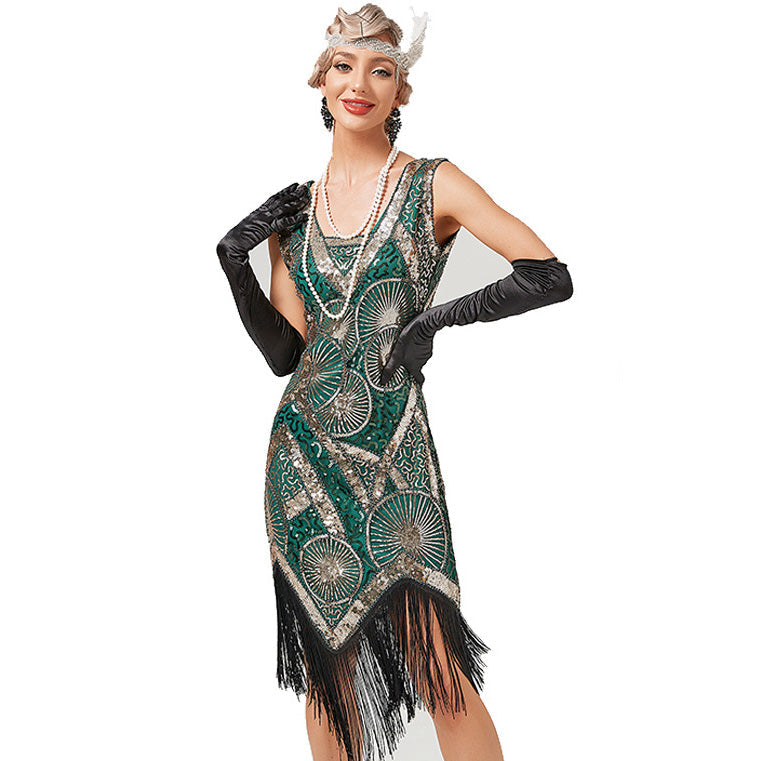 Plus Size 1920s Art Deco Fringed Sequin Dress Flapper Gatsby Costume Dress for Women Green