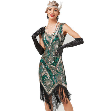 Plus Size 1920s Art Deco Fringed Sequin Dress Flapper Gatsby Costume Dress for Women Green