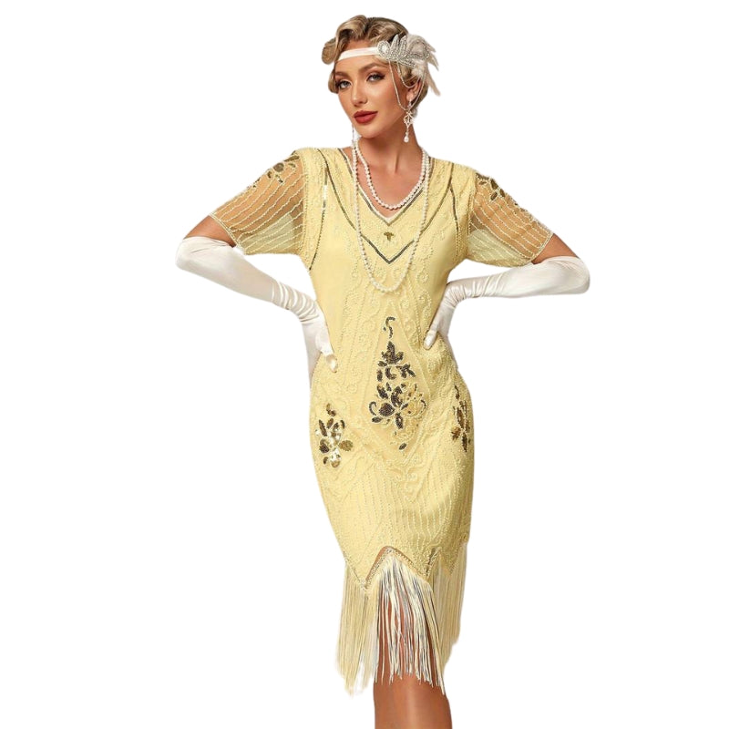 Plus Size 1920s Flapper Dress Gatsby Costume Fringed Sequin Art Deco Dress for Women Beige