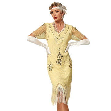 Plus Size 1920s Flapper Dress Gatsby Costume Fringed Sequin Art Deco Dress for Women Beige