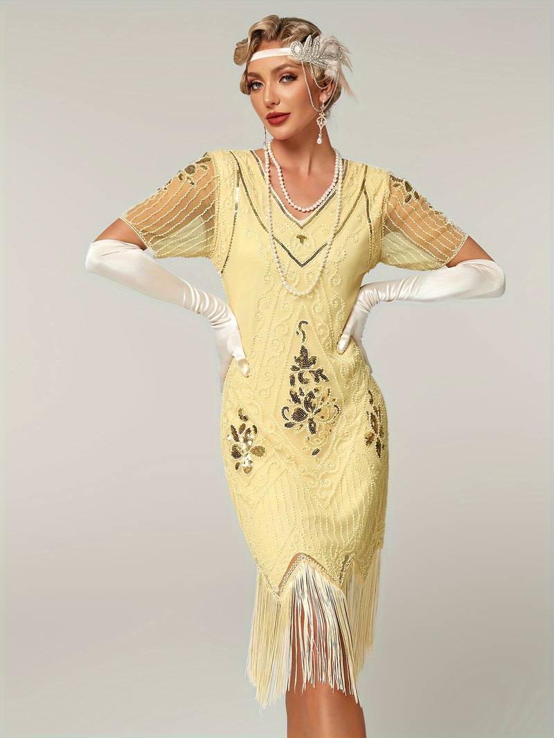 Plus Size 1920s Flapper Dress Gatsby Costume Fringed Sequin Art Deco Dress for Women Beige