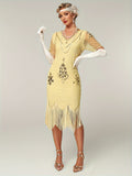 Plus Size 1920s Flapper Dress Gatsby Costume Fringed Sequin Art Deco Dress for Women Beige