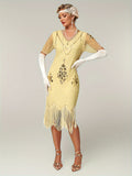 Plus Size 1920s Flapper Dress Gatsby Costume Fringed Sequin Art Deco Dress for Women Beige