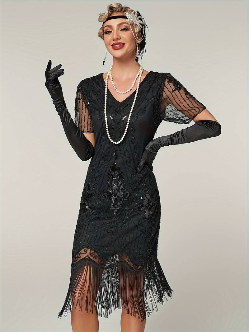 Plus Size 1920s Flapper Dress Gatsby Costume Fringed Sequin Art Deco Dress for Women Black