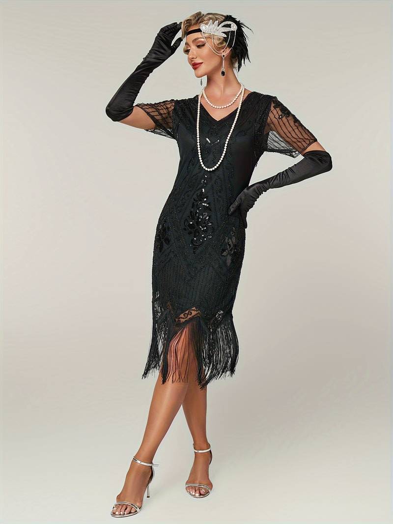 Plus Size 1920s Flapper Dress Gatsby Costume Fringed Sequin Art Deco Dress for Women Black