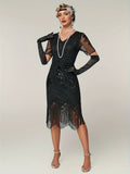 Plus Size 1920s Flapper Dress Gatsby Costume Fringed Sequin Art Deco Dress for Women Black Gold