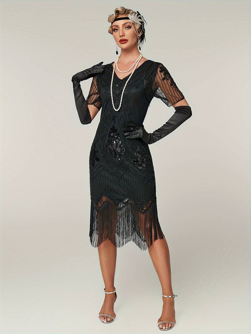 Plus Size 1920s Flapper Dress Gatsby Costume Fringed Sequin Art Deco Dress for Women Black Gold