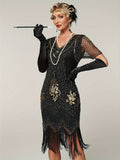 Plus Size 1920s Flapper Dress Gatsby Costume Fringed Sequin Art Deco Dress for Women Black Gold