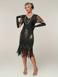 Plus Size 1920s Flapper Dress Gatsby Costume Fringed Sequin Art Deco Dress for Women Black Gold
