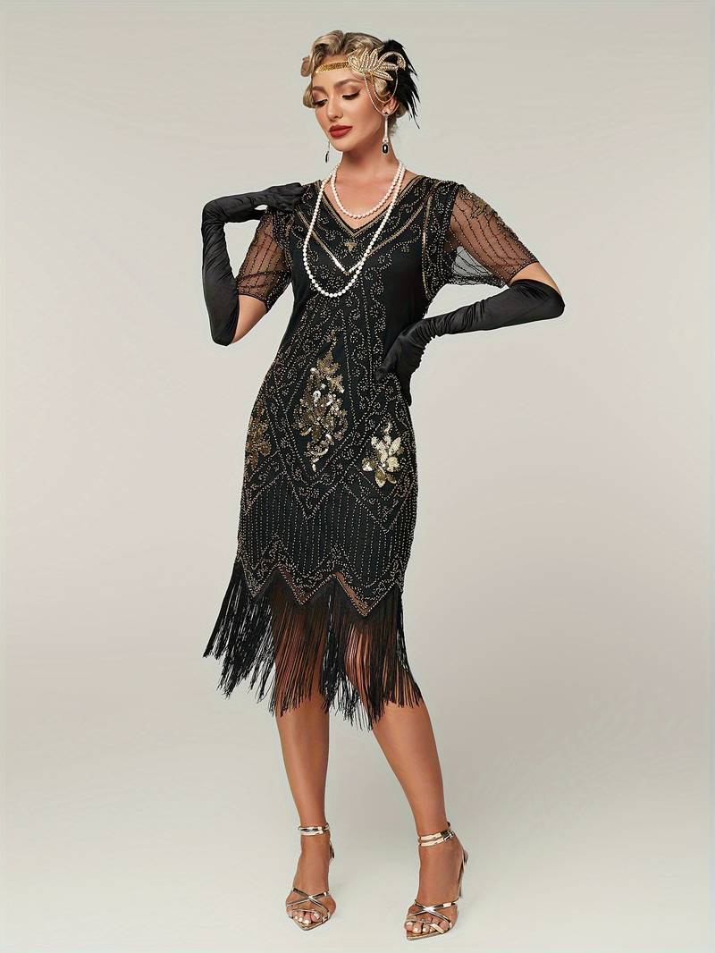 Plus Size 1920s Flapper Dress Gatsby Costume Fringed Sequin Art Deco Dress for Women Black Gold