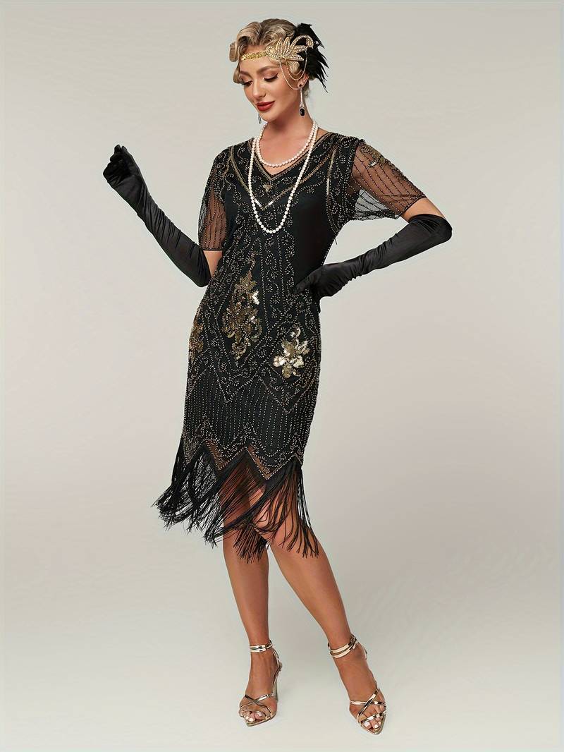 Plus Size 1920s Flapper Dress Gatsby Costume Fringed Sequin Art Deco Dress for Women Black Gold