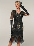 Plus Size 1920s Flapper Dress Gatsby Costume Fringed Sequin Art Deco Dress for Women Black Gold