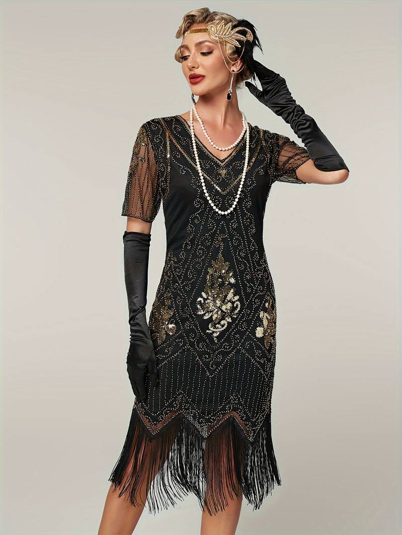 Plus Size 1920s Flapper Dress Gatsby Costume Fringed Sequin Art Deco Dress for Women Black Gold