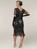 Plus Size 1920s Flapper Dress Gatsby Costume Fringed Sequin Art Deco Dress for Women Black Gold