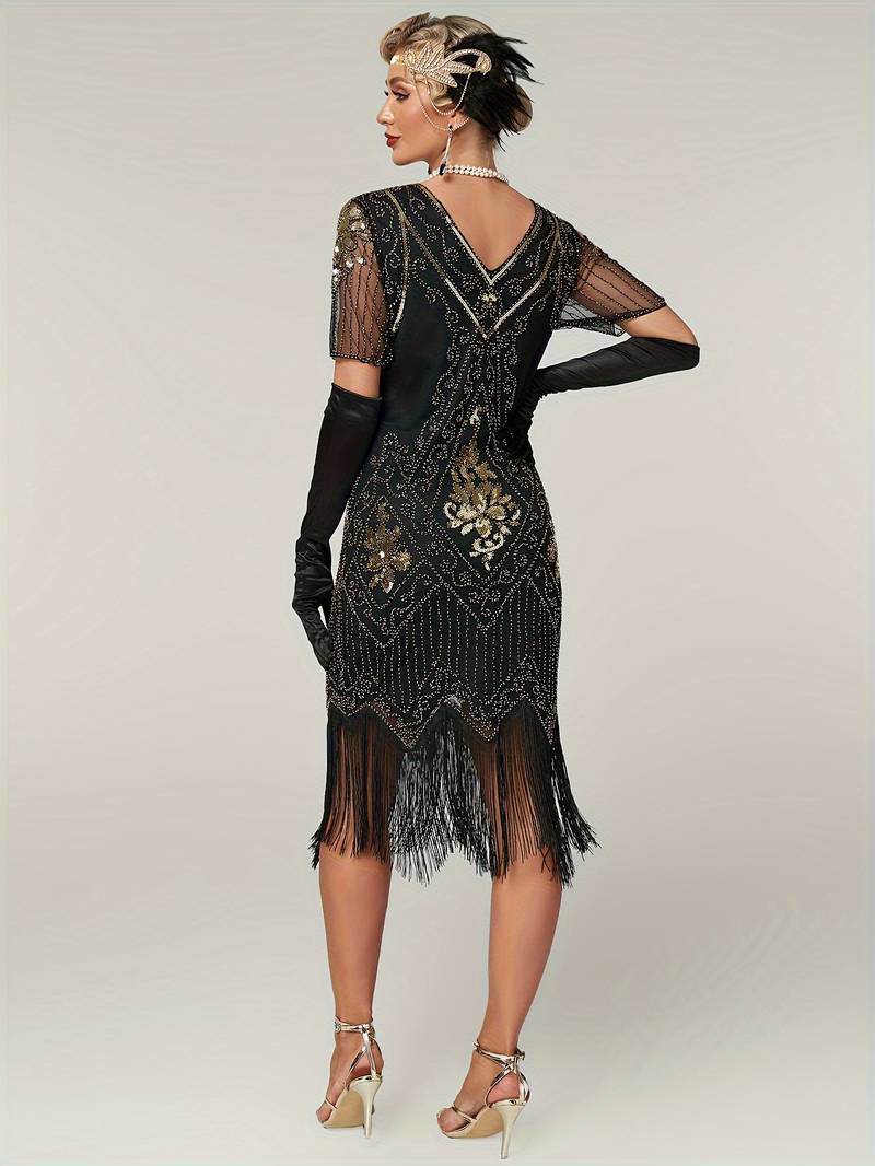 Plus Size 1920s Flapper Dress Gatsby Costume Fringed Sequin Art Deco Dress for Women Black Gold