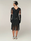Plus Size 1920s Flapper Dress Gatsby Costume Fringed Sequin Art Deco Dress for Women Black Gold