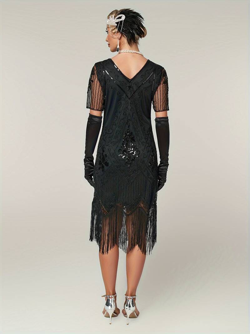 Plus Size 1920s Flapper Dress Gatsby Costume Fringed Sequin Art Deco Dress for Women Black Gold