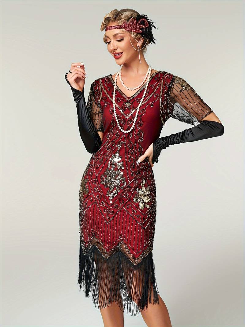 Plus Size 1920s Flapper Dress Gatsby Costume Fringed Sequin Art Deco Dress for Women Black Red