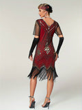 Plus Size 1920s Flapper Dress Gatsby Costume Fringed Sequin Art Deco Dress for Women Black Red