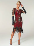 Plus Size 1920s Flapper Dress Gatsby Costume Fringed Sequin Art Deco Dress for Women Black Red