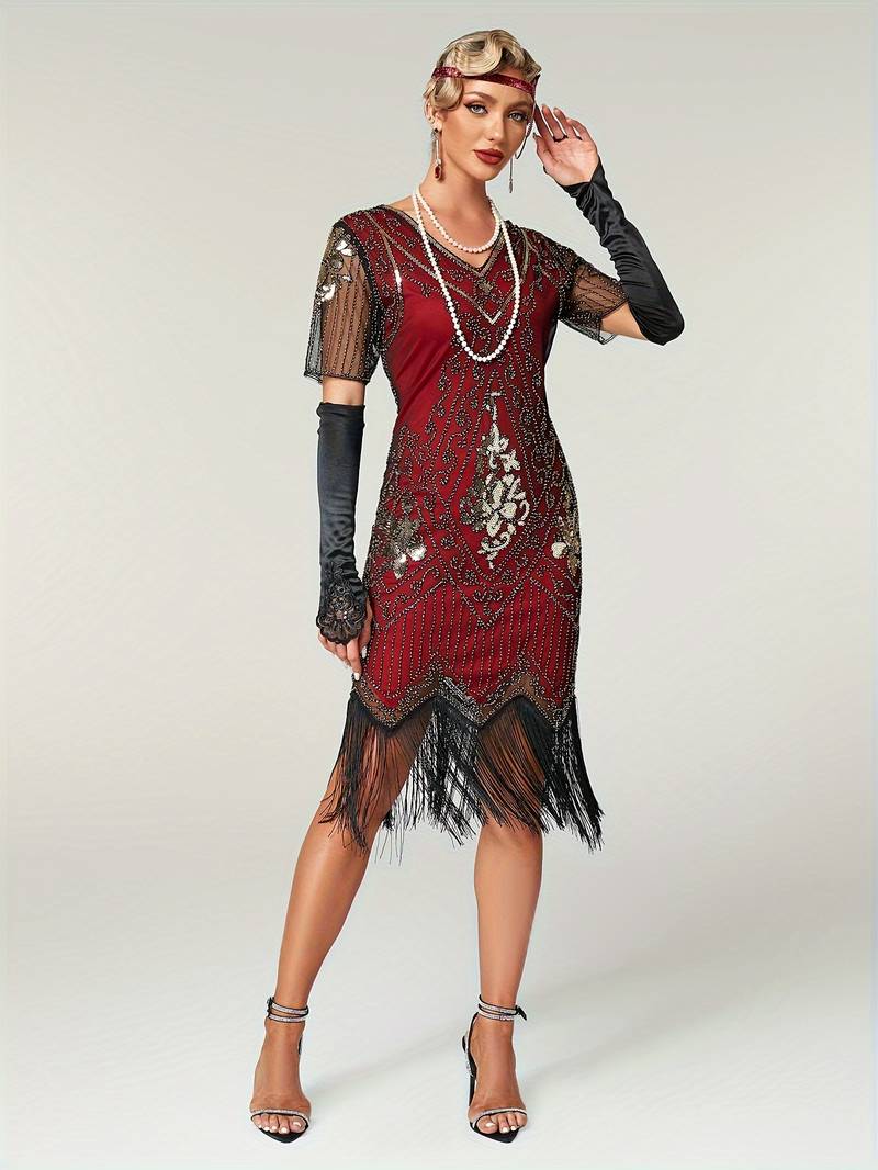 Plus Size 1920s Flapper Dress Gatsby Costume Fringed Sequin Art Deco Dress for Women Black Red