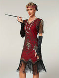 Plus Size 1920s Flapper Dress Gatsby Costume Fringed Sequin Art Deco Dress for Women Black Red