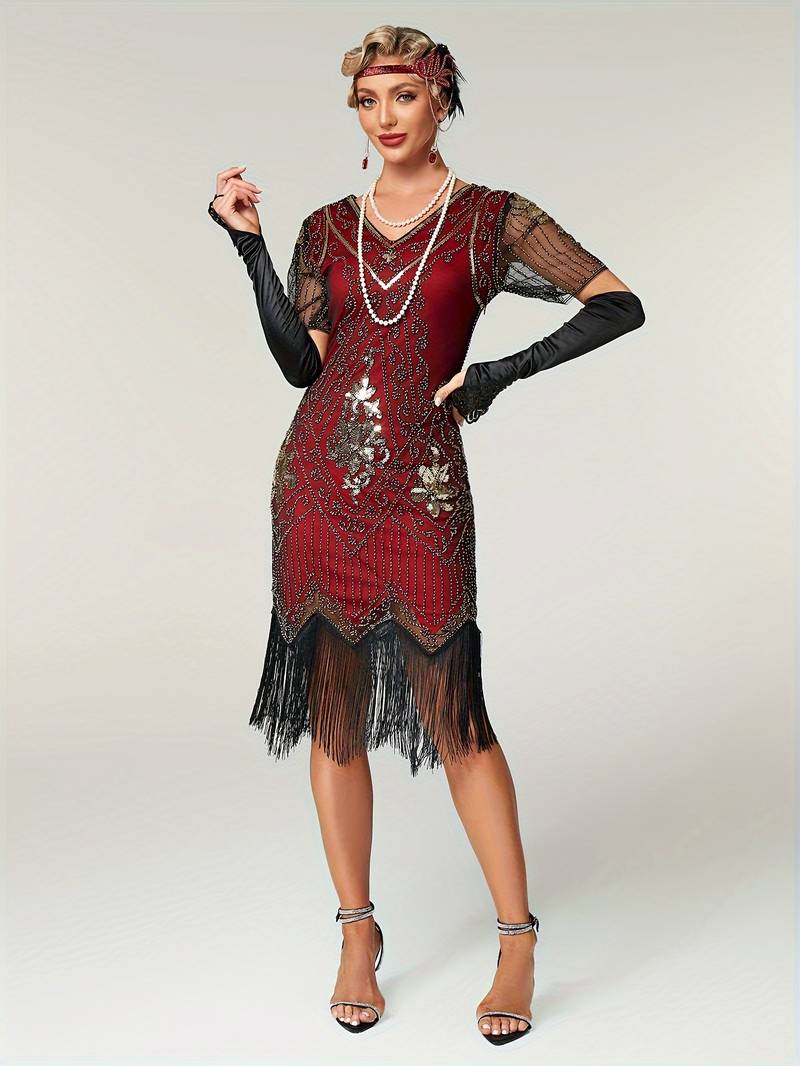 Plus Size 1920s Flapper Dress Gatsby Costume Fringed Sequin Art Deco Dress for Women Black Red