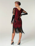 Plus Size 1920s Flapper Dress Gatsby Costume Fringed Sequin Art Deco Dress for Women Black Red