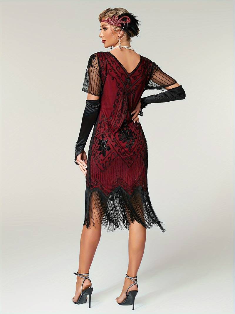 Plus Size 1920s Flapper Dress Gatsby Costume Fringed Sequin Art Deco Dress for Women Black Red