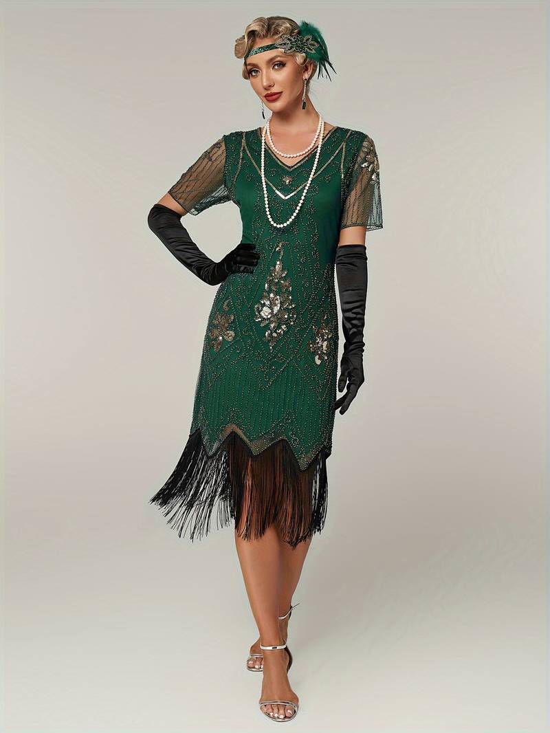 Plus Size 1920s Flapper Dress Gatsby Costume Fringed Sequin Art Deco Dress for Women Green