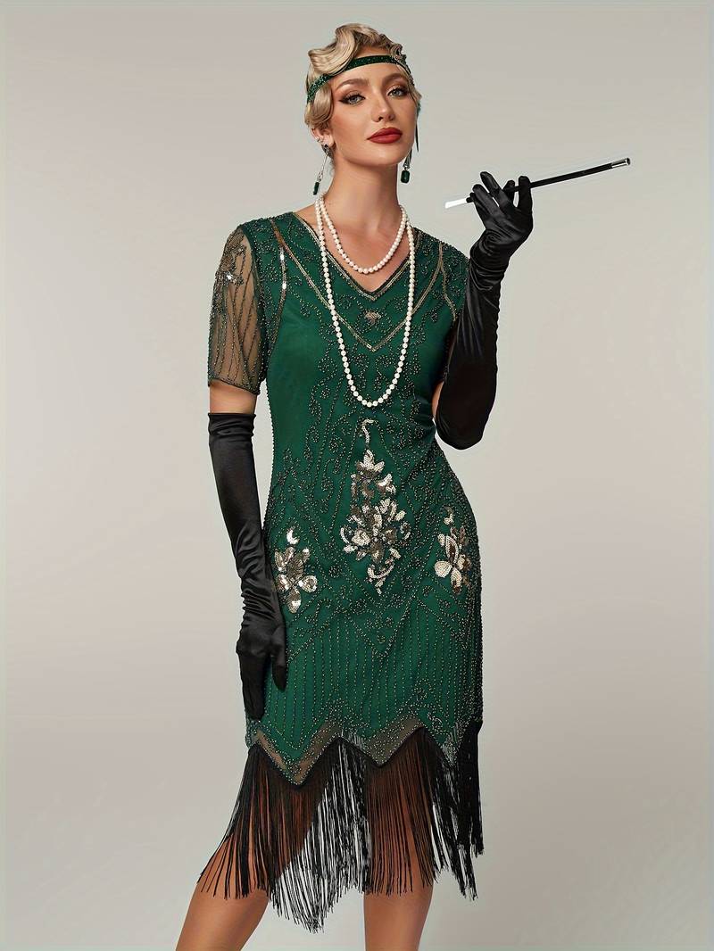 Plus Size 1920s Flapper Dress Gatsby Costume Fringed Sequin Art Deco Dress for Women Green