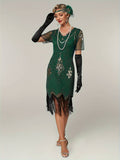 Plus Size 1920s Flapper Dress Gatsby Costume Fringed Sequin Art Deco Dress for Women Green