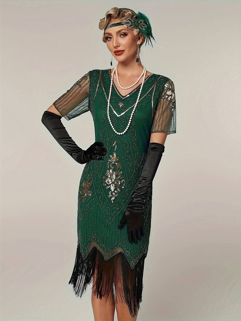 Plus Size 1920s Flapper Dress Gatsby Costume Fringed Sequin Art Deco Dress for Women Green