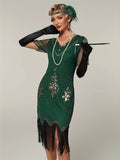 Plus Size 1920s Flapper Dress Gatsby Costume Fringed Sequin Art Deco Dress for Women Green