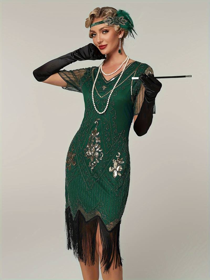 Plus Size 1920s Flapper Dress Gatsby Costume Fringed Sequin Art Deco Dress for Women Green