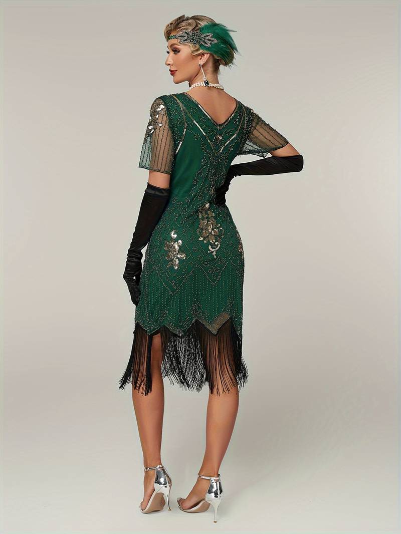 Plus Size 1920s Flapper Dress Gatsby Costume Fringed Sequin Art Deco Dress for Women Green